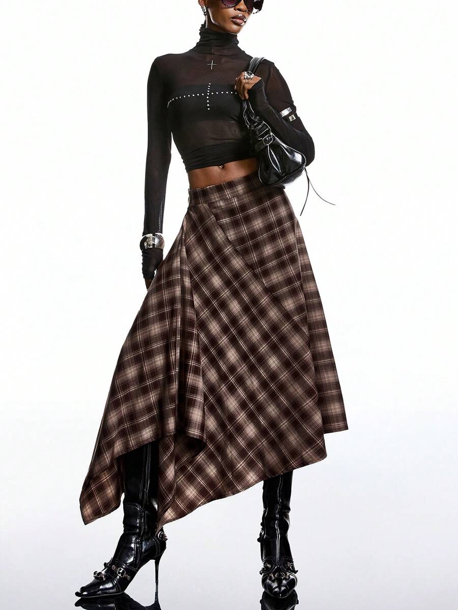 LYSMO 2025 New Arrive Minimalism Winter Women's Brown Plaid Wrap Asymmetrical Hem Fashionable Versatile Skirt Brown Skirt For Going Outs Elegant For Ladies Casual For Women Christmas Party For New Year Formal Skirt , Fall For Women, Winter For Women - Coffee Brown - View 1