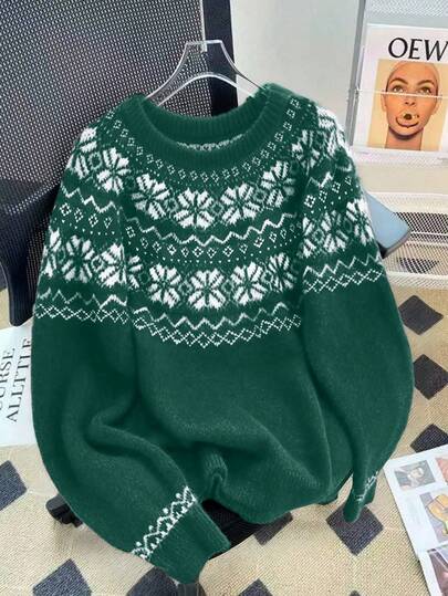 Franclia Suéter de punto casual con estampado de copos de nieve, otoño/invierno