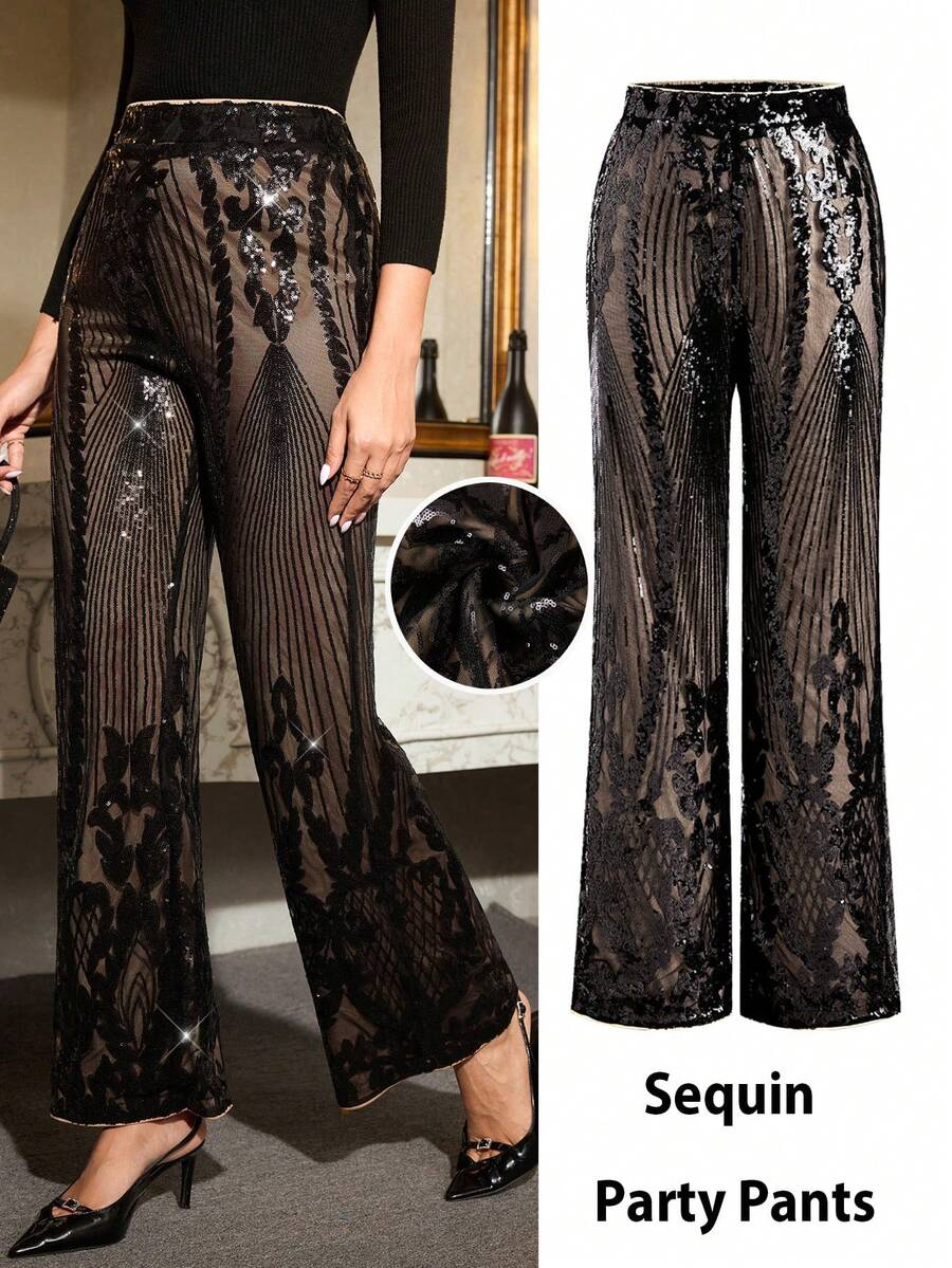 Ellevyn 女士优雅高端亮片闪亮多色亮片裤，适合派对、家庭聚会及各种场合。 - 彩色 - 查看 1