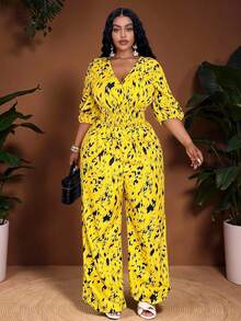 Veslaya 2022 年新款女式加大码黄色圆点印花褶皱泡泡袖腰部聚拢宽松阔腿连体裤，适合海滩度假、热带度假、海滩派对、通勤 - 彩色 - 查看 1