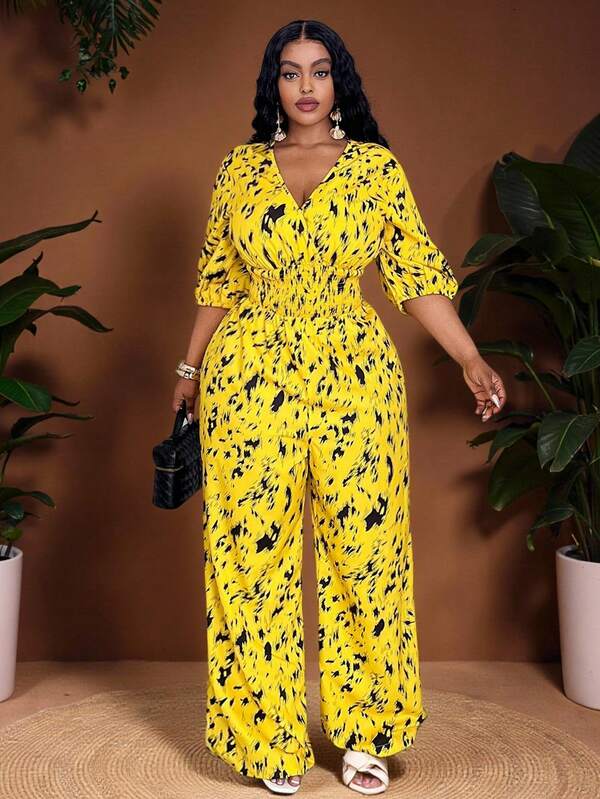 Veslaya 2022 New Design Women Plus Size Yellow Polka Dot Print Shirred Puff Sleeve Waist Gathered Loose Wide Leg Jumpsuit, Suitable For Beach Vacation, Tropical Resort, Beach Party, Commute Women Summer Clothing Women Plus Clothing Business Casual Woman S Summer Clothes