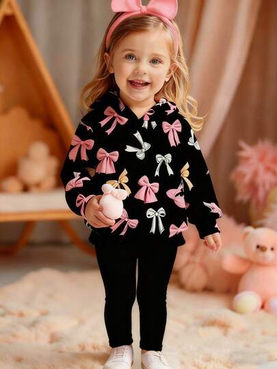 2pcs Baby Girls/Unisex Infant Toddler 0-3Y Casual Chic Bow Print Hooded Sweatshirt And Printed Leggings Set, Suitable For Autumn/Winter, Daily, Outdoor, Homewear, Fashion Basics