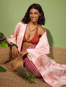 Felipe Marques Women's Floral & Bird Print Long Sleeve Robe, Casual Loungewear - Pink - View 6