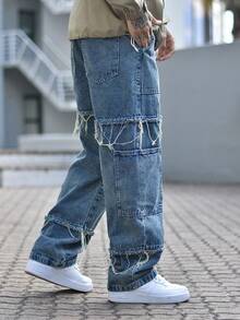 Devon Thys Grunge Goth Y2K Style Fashion Casual Fringe Young Street Chic College Sports Loose Straight Wide Leg Versatile Casual Men Jeans Pants - Blue - View 5