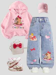 Jeans de pierna recta para niñas, pantalones vaqueros de mezclilla azul casuales para otoño/invierno, diseño lindo y dulce, adecuados para exteriores, hogar, escuela, vacaciones, con ajuste relajado, cintura elástica, estampados de mariposas y corazones