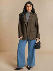 Elaquor Plus Size Women's Solid Color Lapel Collar Long Sleeve Single Button Casual Blazer Jacket, Autumn