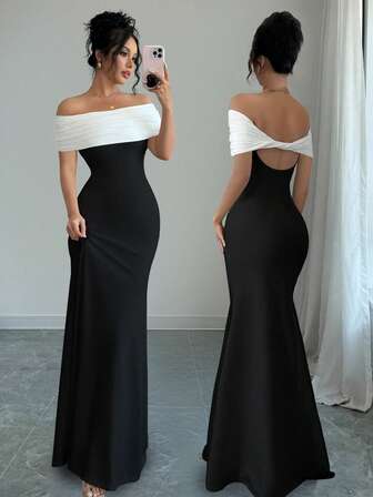 Rafferiza Vestido largo de verano para mujer con hombros descubiertos, encanto maduro, contraste de color negro y blanco, y bajo de cola de pez