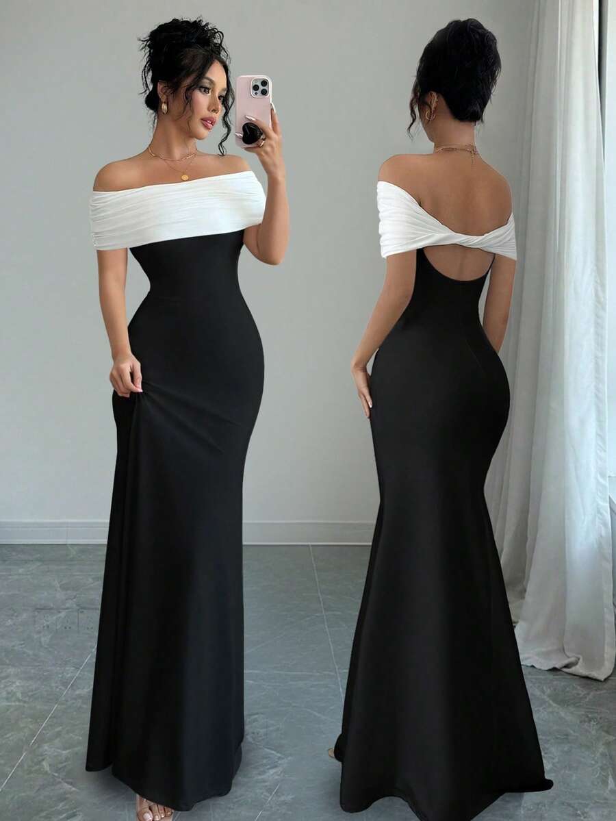 Rafferiza Women's Summer Off Shoulder Mature Charm Black & White Contrast Color Maxi Fishtail Hem Dress - Black and White - View 1