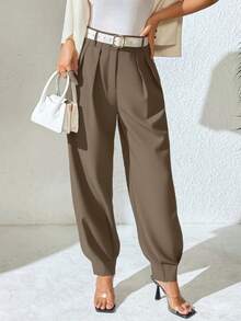 Xyvia 女士优雅高腰双纽扣装饰褶皱直筒裤，春秋季休闲西装裤