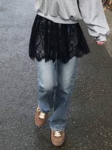 FRIFUL Women's Elastic Waist Floral Lace Fashion Skirt - Black - View 3