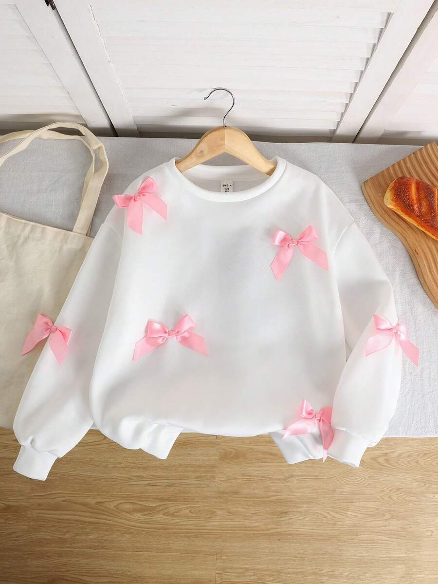 Sweat-shirt ample à col rond tout-aller pour préadolescentes, en blanc unicolore avec décoration de nœud, convient pour les sorties et la rentrée des classes, automne/hiver - Blanc - Voir 1