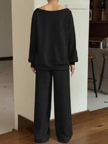 SHEIN EZwear 女士纯色斜肩长袖上衣和长裤休闲套装