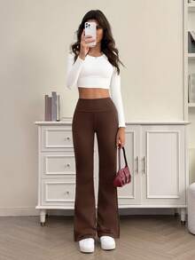 SHEIN Tall Quần dài thường ngày màu đen trơn cạp cao ôm sát dành cho nữ, phù hợp cho mùa hè và mùa thu, phiên bản cao cấp - màu nâu - Xem 7