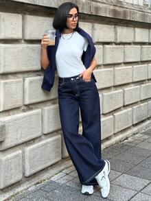 SHEIN PETITE PETITE LOW WAIST DARK WASH STRAIGHT JEAN - Dark Wash - View 8