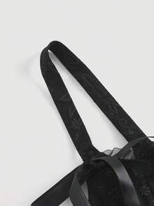 SHEIN MOD Solid Knot Detail Jacquard Cami Dress,Black Jacquard Mini Dress, Square Neck, Flare Skirt, Wide Strap, Party, Wedding, Textured Fabric, Ribbon Tie Detail, Elegant, Sleeveless, Classic, Evening, Summer, Floral, Vintage, Youthful, Statement, Soft, Women, Chic, Fit And Flare - Black - View 6