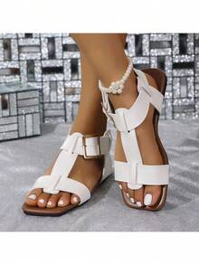 Sandalias planas para mujer, sandalias planas con correa y hebilla calada, estilo europeo y americano, combinadas con sandalias de playa a la moda. - Blanco - Ver 3