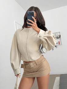 SHEIN EZwear 女士休闲纯色风衣 - 杏色 - 查看 7