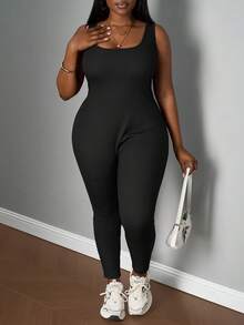 SHEIN PETITE CURVE Mono sin mangas elástico de punto talla grande - Negro - Ver 5