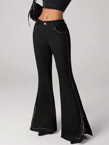 SHEIN ICON Quần ống loe xẻ gấu đinh tán dành cho nữ, quần dài vừa vặn phong cách Y2K thường ngày sang trọng - màu đen - Xem 4