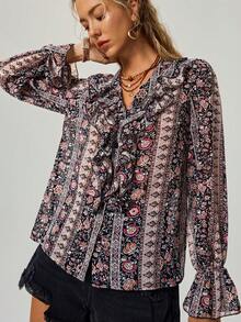 Freevana Áo kiểu nữ cổ điển dáng suông họa tiết hoa nhí xếp nếp, phong cách boho mùa thu, họa tiết paisley đồng quê, lãng mạn miền Tây. - Nhiều màu - Xem 4