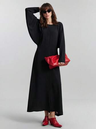 Ontre Vestido maxi de mujer de gasa de chifón negro no elástico con cuello en V amplio, mangas de murciélago, cómodo y versátil para uso urbano, casual, de negocios, transporte y aeropuerto, de alta calidad