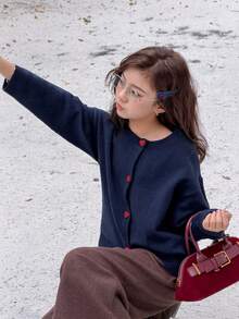 DAZY Tween Girls Solid Color Cardigan - Navy Blue - View 6