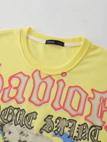 ROMWE MEN Spring Casual Graphic Men'S Angel Letter Print Crew Neck Long Sleeve T-Shirt, Loose Fit - Yellow - View 2