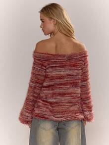 MUSERA Suéter de tricô listrado oversized com ombros à mostra, ocasião casual, saída, outono, noite, encontro fofo, aconchegante, elegante, primavera, verão, férias - Rosa chiclete - Visão 5