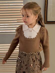 DAZY Young Girl French Peter Pan Collar Layering Sweater, Puff Sleeve 2 In 1, Autumn/Winter - Khaki - View 1