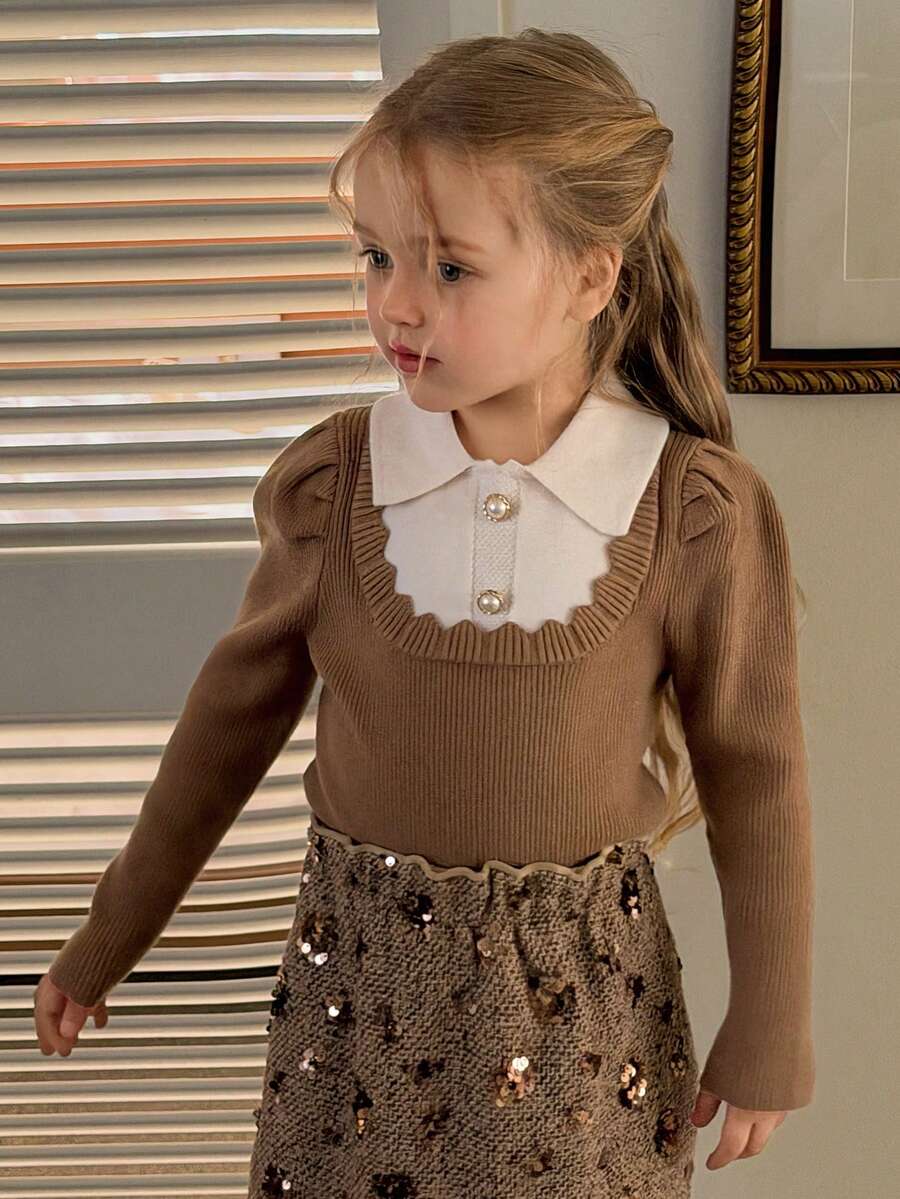 DAZY Young Girl French Peter Pan Collar Layering Sweater, Puff Sleeve 2 In 1, Autumn/Winter - Khaki - View 1