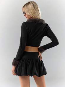Glamine Women's Fashion Commuter Fur Collar Drawstring Cropped Jacket - Black - View 2