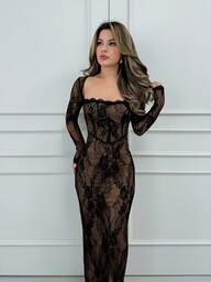 Jemour Vestido negro ajustado hasta el suelo con cuello corsé ahuecado y mangas largas con encaje en forma de S sexy para mujer para fiestas, citas y banquetes de otoño/invierno nuevo