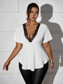 Elenzga 大码女式休闲蕾丝边V领T恤 - 黑與白 - 查看 4