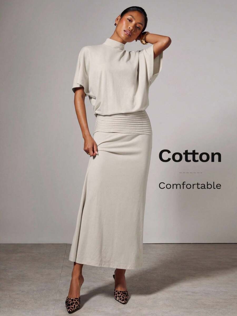 COSMINA Women's Elegant Solid Color Dress With Stand Collar - Apricot - View 1