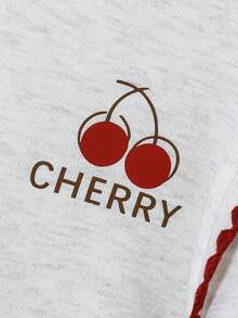 SHEIN 1pc Tween Girl Oversized Cherry Print Sweatshirt,Cute Back-To-School Loose Fit Pullover,Red And White Stripe Contrast Trim,Comfortable Autumn School - Light Grey - View 5