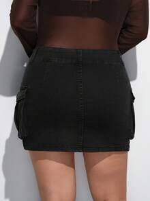 Maija Plus Flap Pocket Denim Skirt - Black - View 2
