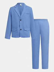 SHEIN 2pcs Tween Boy Summer Casual School Gentleman Cute Solid Color Suit Jacket & Elastic Waist Formal Trouser Set, Suitable For Birthday Party, Ceremony, Performance, Wedding, Boys Blue Suit Set, Boy Blue Suit, Toddler Boy Suit, Boys Light Blue Suit,In Fall/Winter