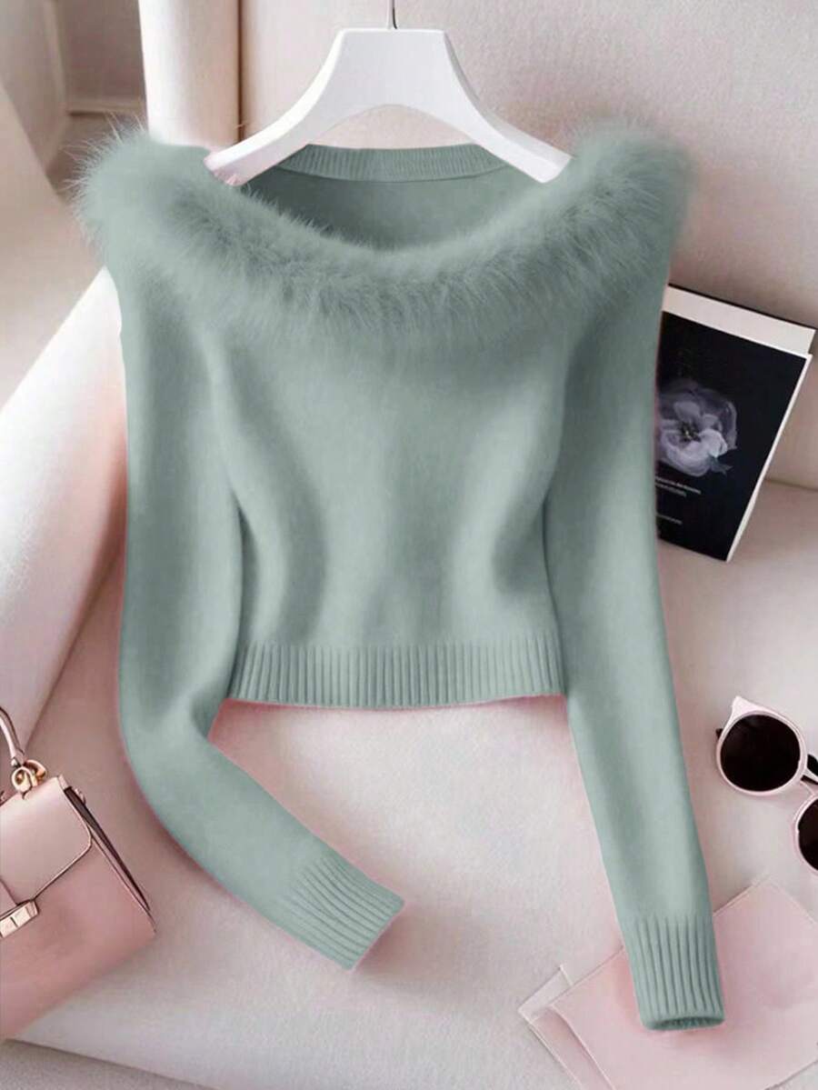 Franclia Fashionable Solid Color Patchwork Fur Collar Sweater, Autumn/Winter - Mint Green - View 1