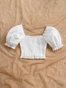 Soleia 女士纯色短款泡泡袖时尚刺绣短上衣 - 白色 - 查看 2