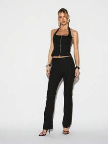 KIZN Áo crop top cổ yếm không tay có khóa kéo phía trước, hoàn hảo cho trang phục thường ngày mùa hè và trang phục dạ hội - màu đen - Xem 3