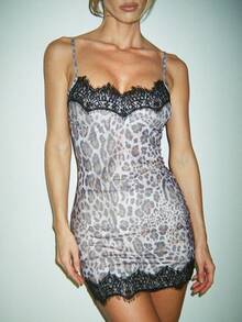 KIZN Đầm ngắn satin họa tiết da báo viền ren với dây đeo có thể điều chỉnh, thích hợp cho các buổi tiệc tối. - màu nâu - Xem 1