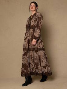 SHEIN VCAY 大码波西米亚风度假休闲复古西部风印花蕾丝拼接长袖雪纺连衣裙 - 咖啡棕 - 查看 8