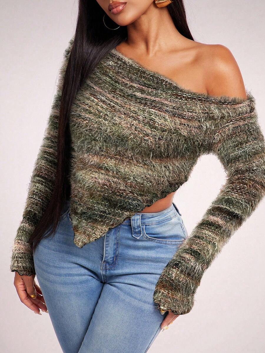 Radiana 女士性感休闲复古美拉德棕色不对称肩长袖上衣，修身针织衫，柔软舒适，适合秋冬季穿着 - 彩色 - 查看 1