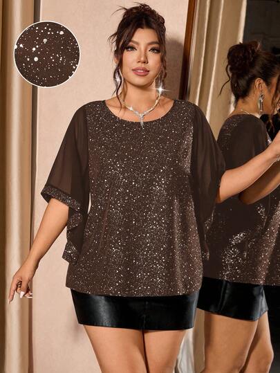 Cravure Plus Size Women's Luxury Party Style Versatile Fashion Slim Fit Glitter Elegant Blouse, Suitable For Gatherings And Banquets