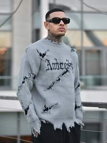 Devon Thys 男士街头时尚字母刺绣破洞百搭针织毛衣，秋冬 - 灰色 - 查看 1