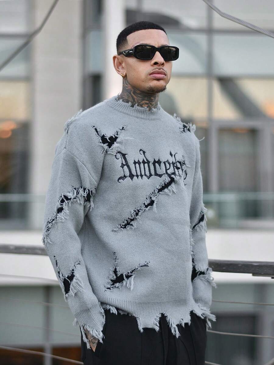Devon Thys 男士街头时尚字母刺绣破洞百搭针织毛衣，秋冬 - 灰色 - 查看 1