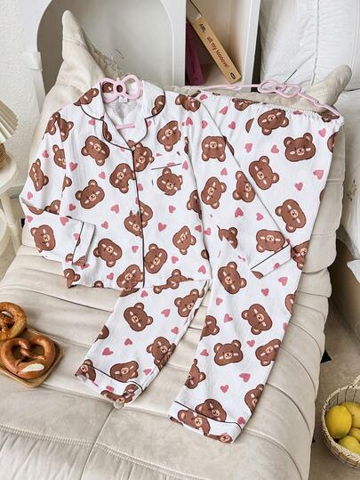 SHEIN Girls Bubble Crinkle Cute Bear & Heart Print Long Sleeve Pajama Set Bear Clothes Soft Pajamas Set Cute Pj Set Bear Pajamas Cute Pajama Set