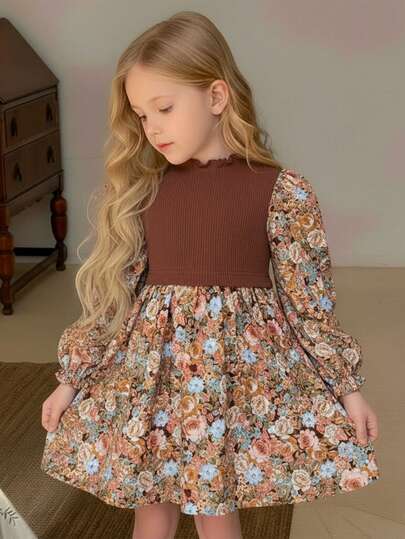 LMoss Kids 年轻女孩针织圆领修身拼布碎花梭织连衣裙