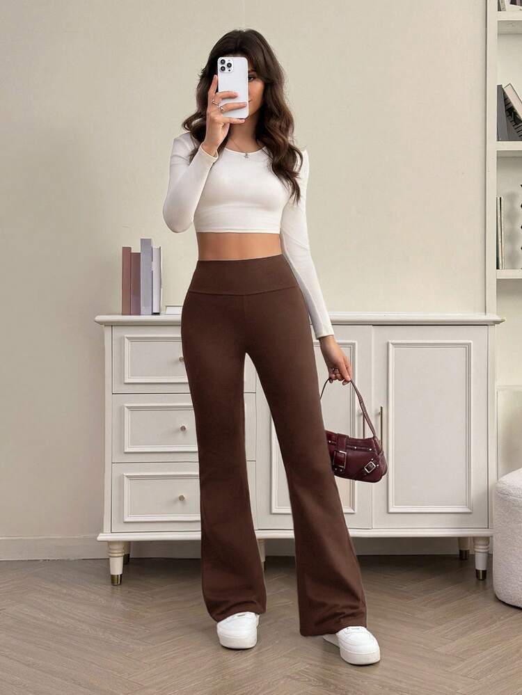 SHEIN Tall 女士高腰显瘦纯黑色休闲裤，适合夏秋季节穿着，高级加长款 - 棕色 - 查看 6