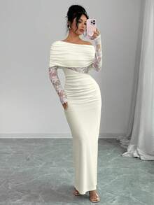 Rafferiza Women's Sexy & Elegant Asymmetric Neck Ruched Lace Patchwork Long Sleeve White Dress - Apricot - View 5